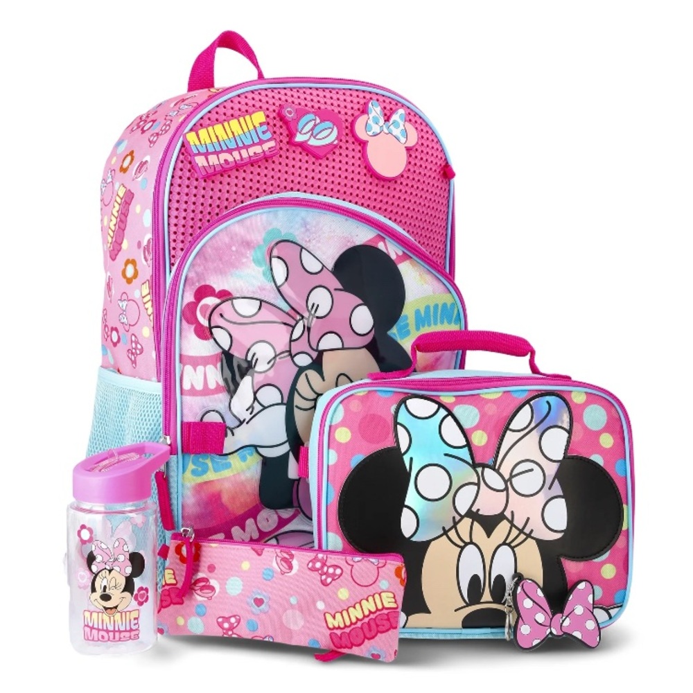 8 Piece Disney Minnie Mouse Girls Charm 17" Laptop Backpack / Book bag Set Pink